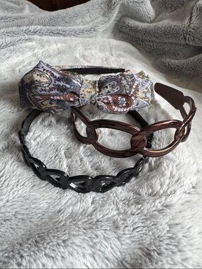 Patterned Bow & Mixed Metal Link Headband 3 Piece Set